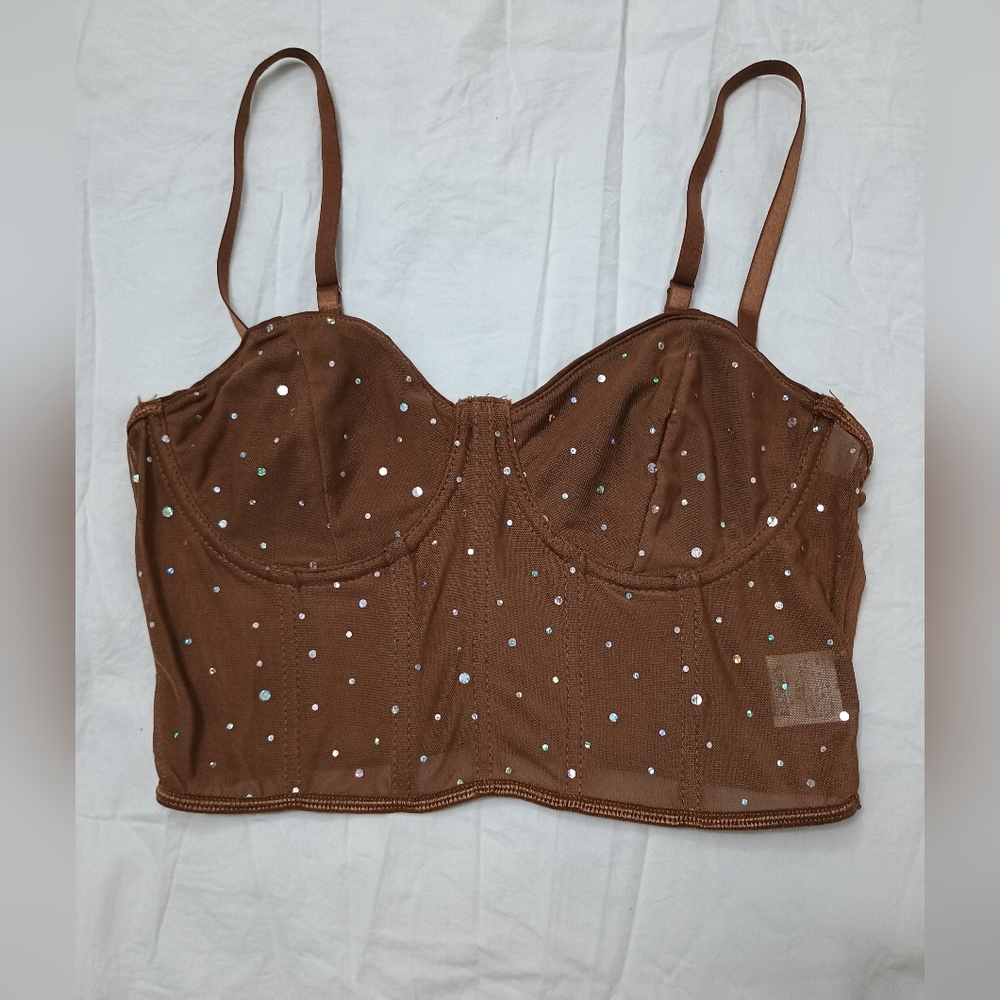 Brown Rhinestone Crop Tank Top